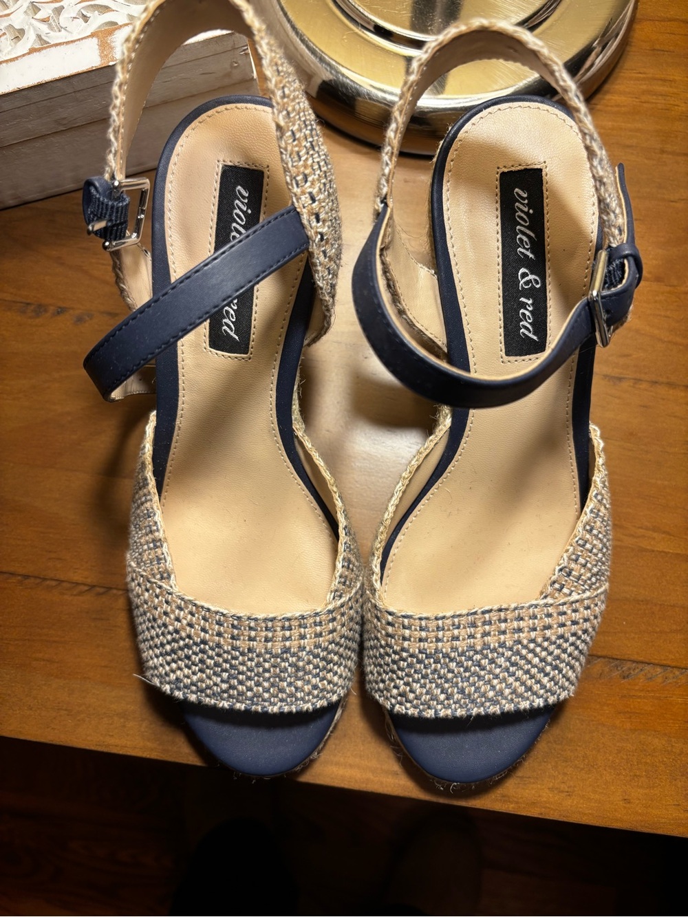 Navy and Natural Woven Espadrille Wedge Sandals